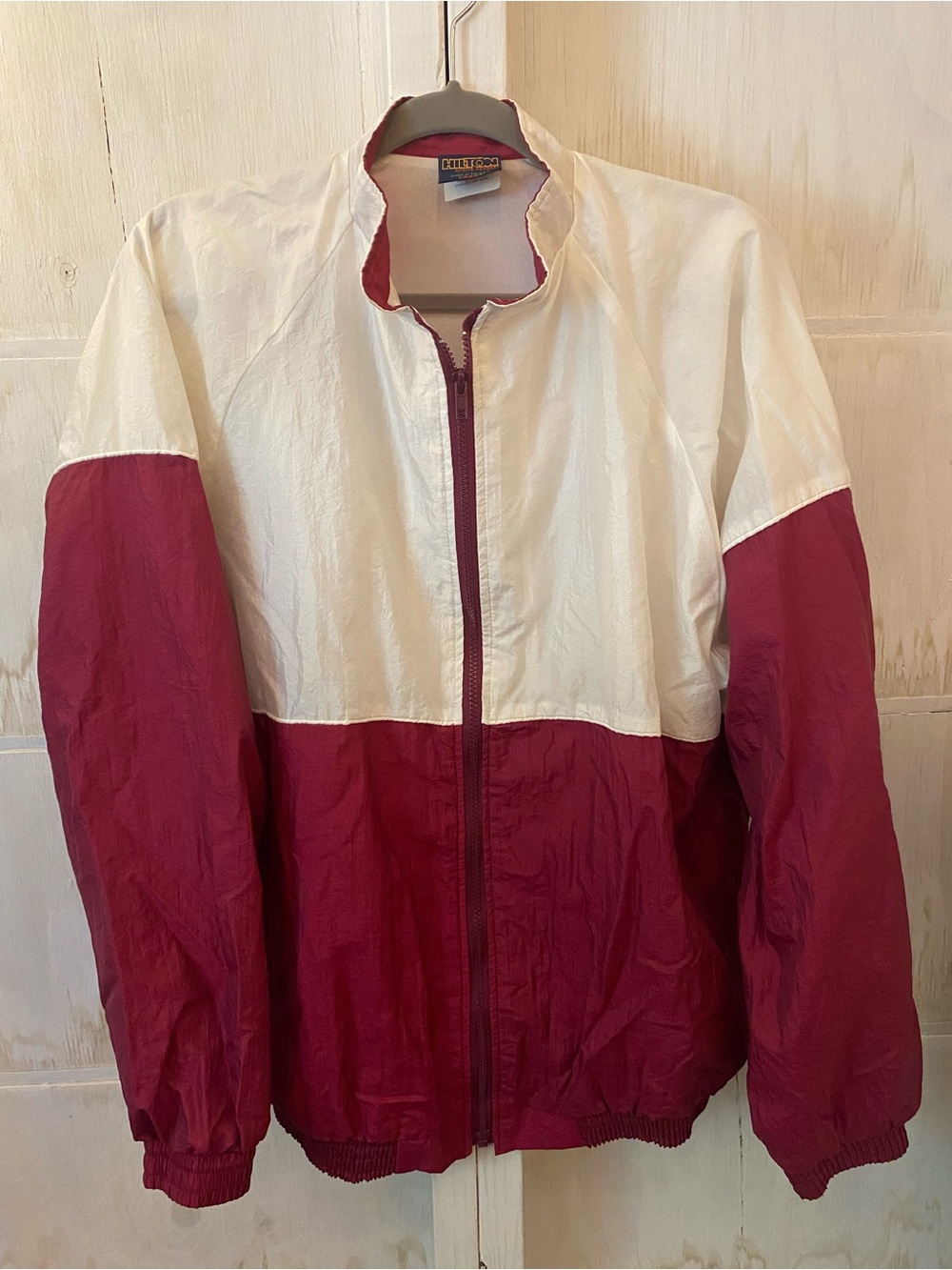 Vintage Men's Maroon & White Windbreaker Jacket by Hilton USA Made Colorblock